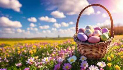 Wall Mural - easter eggs basket in a flowerfield