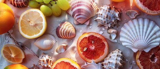 Fototapete - Flat lay composition featuring shells vibrant fruits and trendy summer items on a table backdrop perfect for a summer themed copy space image