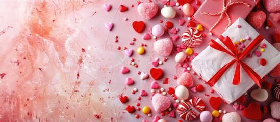 Leinwandbilder - Top down view of a Valentine s Day arrangement featuring sweet candy gift boxes tied with bows red felt hearts on a photo template background with an area for additional content called copy space ima