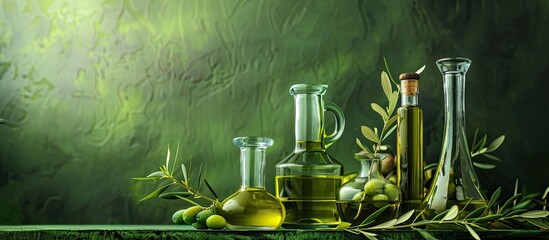 Aufkleber - Various glass vessels with fresh olive oil displayed against a green backdrop providing copy space image