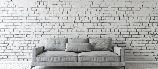 Poster - High quality photo of a couch against a white brick wall in a spacious living room with a clear area for additional images