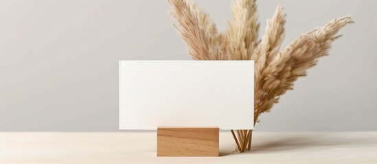Poster - Aesthetic postcard mockup displayed on a wooden stand with delicate pampas grass Perfect for greetings invites and designs with a blank copy space image