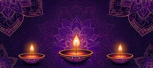 Wall Mural - Three diyas on purple background