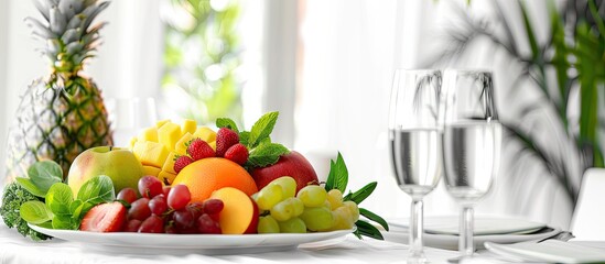 Wall Mural - Table set with a fresh fruit salad menu displayed on a white surface with copy space image