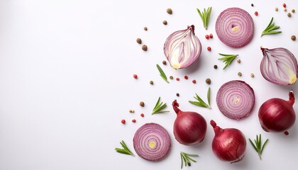 Wall Mural - red onion and spices arranged on a white background viewed from above