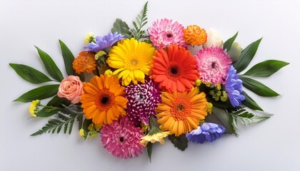 Canvas Print - a bouquet of colorful flowers on a white surface with green leaves and flowers in the center