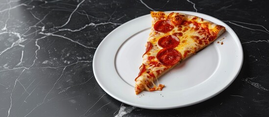 Sticker - Pizza slice being bitten on a white plate against a black marble backdrop with copy space image