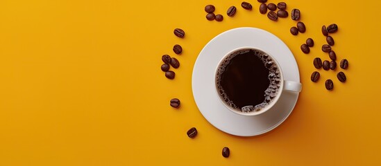 Leinwandbilder - Top view of a white coaster next to a coffee cup with coffee beans on a yellow backdrop in this copy space image