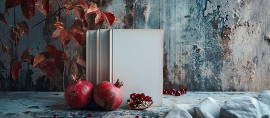 Aufkleber - Blank book covers with a copy space image are displayed on a table with a pomegranate fruit and against a silver wall