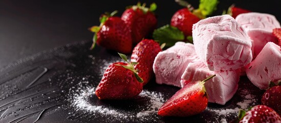 Aufkleber - High quality close up image of pink dessert marshmallow with strawberries on a black background featuring ample copy space