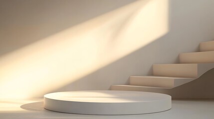 Poster - Minimalist White Platform with Sunlight and Stairs