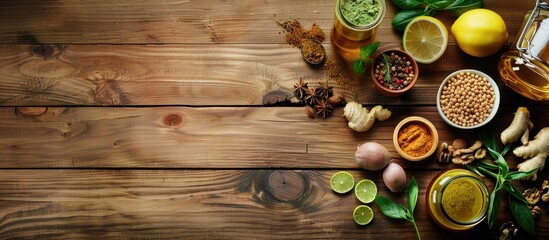 Wall Mural - A selection of fresh products on a wooden table perfect for promoting gut health Ideal for adding text with a copy space image