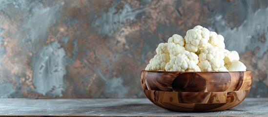 Poster - Selective focus on cauliflower florets in a wooden bowl with a table Ideal for copy space image