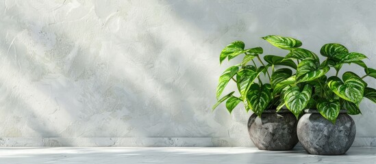 Poster - Three Golden pothos plants also known as Devil s ivy displayed in a pot on a white ceramic tile floor with copy space image