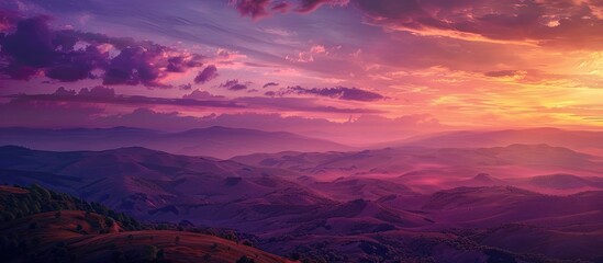 Poster - Dramatic vibrant sunset over a scenic landscape showcasing nature with a stunning purple pink and gold sky at dusk providing an image with copy space