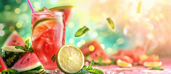 Aufkleber - Fresh watermelon lemonade garnished with lime and mint displayed on a vibrant backdrop with copy space image