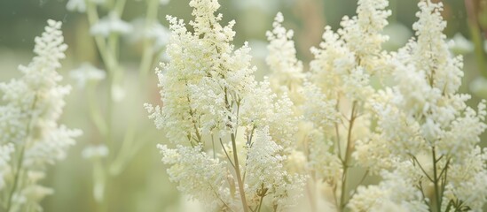 Poster - White flowers of Filipendula ulmaria growing in meadows or fields featuring a close up botanical scenic view making it a picturesque floral background with copy space image for summer wallpapers herb
