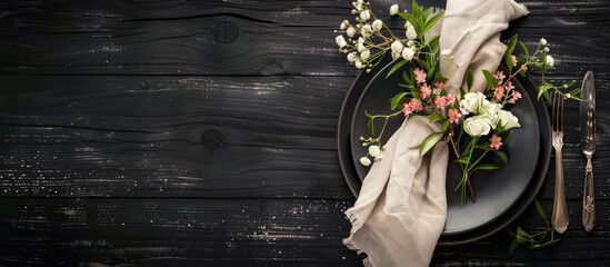 Poster - Top view of a chic table setting with cutlery flowers and a napkin on a black wooden surface perfect for adding text with copy space image