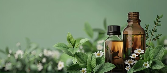 Sticker - A few bottles of aromatic essential oil with peppermint leaves and flowers displayed in an attractive copy space image