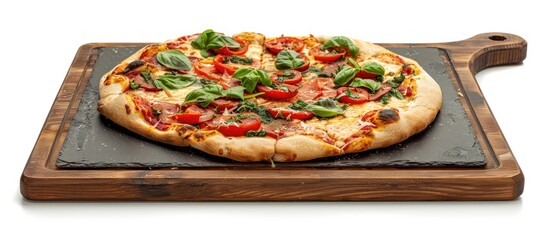 Fototapete - Slate stone pizza cutting board on a white background with copy space image