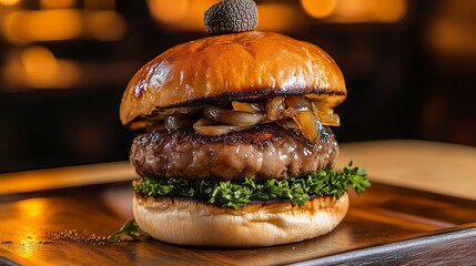 Wall Mural - Gourmet burger with truffle, caramelized onion and lettuce on a wooden plate.