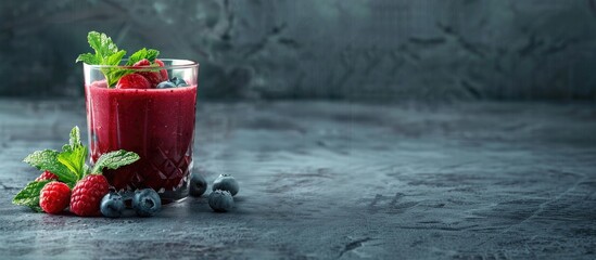 Poster - A glass of delicious acai juice garnished with mint and berries on a textured grey table with room for a message in a copy space image