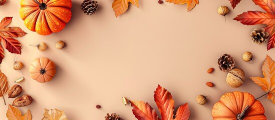 Aufkleber - Colorful autumn elements like leaves pumpkins pinecones and nuts on a pastel beige background with a copy space image Minimal fall theme with a nature flat lay