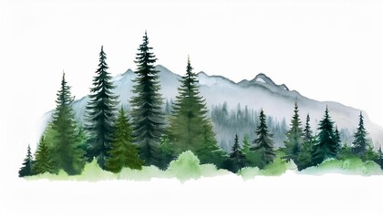 Sticker - watercolor forest tree illustration mountain landscape woodland pine trees green forest