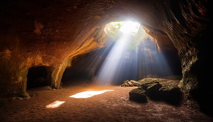 Canvas Print - ai generated ai generative old deep cave under earth witn sun ray light from above adventure exploration vibe