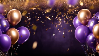 Wall Mural - purple and gold celebration balloons with confetti on dark background