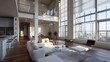 © Fabian Mohr - A modern spacious apartment room with big glass window and city view, modern luxurious designer apartment