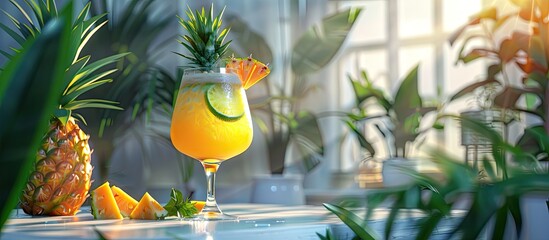 Poster - Tropical Brazilian mocktail featuring pineapple green apple and orange soda in a transparent glass set on a white table in a vintage music room with copy space image