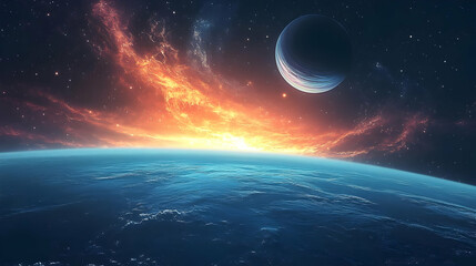 Wall Mural - A blue planet with a fiery sunset and a distant moon in a starry sky.