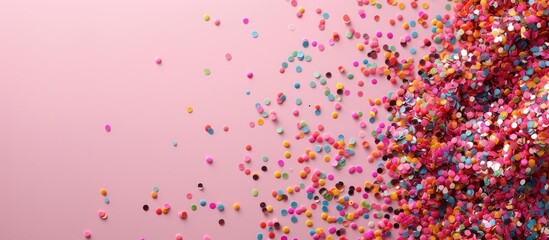 Poster - Top down view of a vivid array of confetti on a pink backdrop with ample copy space image