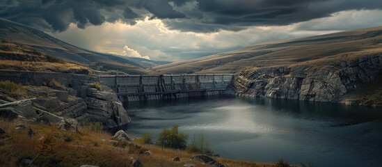 Sticker - Scenic triangular dam in a valley with a dramatic thunderhead cloud overhead perfect as a copy space image