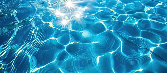 Poster - Blue swimming pool pattern with sun reflection on the water surface provides a serene copy space image