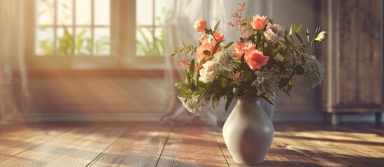 Poster - Home interior with an elegant vase containing a stunning bouquet of flowers on a wooden table perfect for a copy space image