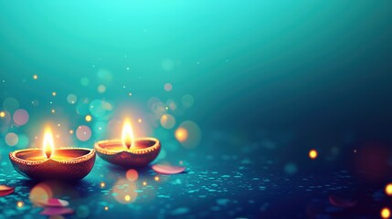 Two lit diyas on blue background