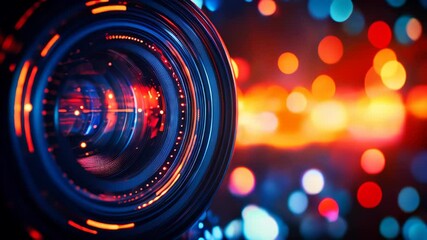 Abstract video camera lens with colorful lights. Concept of digital media production in cinema and television.