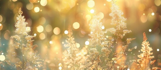 Poster - Meadow flowers like Filipendula ulmaria on a forest field with a vibrant natural setting ideal as a summer background with optical blur bokeh offering a tranquil atmosphere for a copy space image