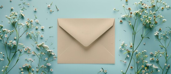 Canvas Print - White greeting card mockup with an envelope floral decorations on a blue pastel background and copy space image Featuring chamomile and gypsophila flowers for a creative touch