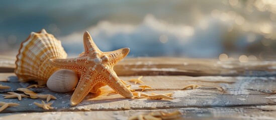 Canvas Print - A summer themed setting with seashells or starfish on a table providing a backdrop for text in a copy space image