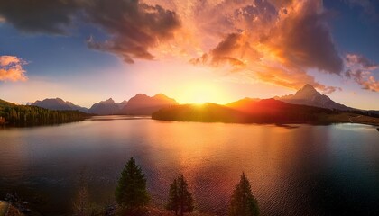 Wall Mural - sunset over the lake amazing panorama landscape