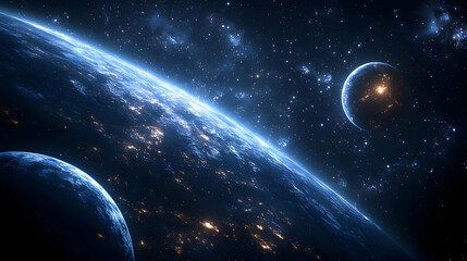 Wall Mural - A blue planet with glowing lights on its surface and stars in the background.