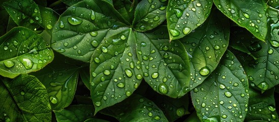 Poster - Abundant nature depicted in a vibrant photo of rain soaked green leaves with water droplets glistening for copy space image