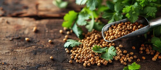 Fototapete - Close up photograph of a scoop filled with dried coriander seeds and green leaves on a wooden surface with ample copy space for an image