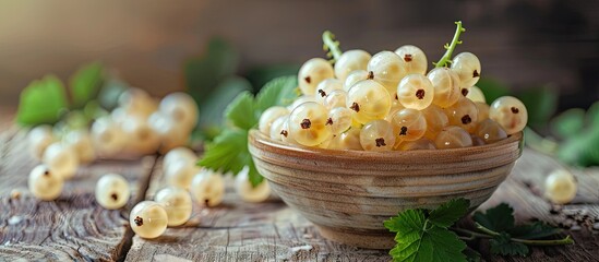 Wall Mural - Close up view of a bowl with fresh white currant berries on a wooden table ideal for adding text in the empty area in the photo a copy space image