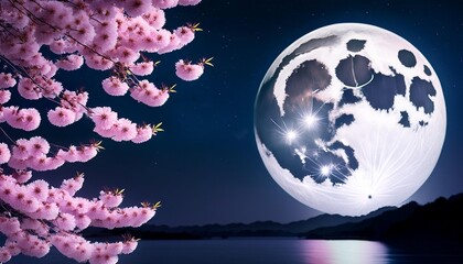 Wall Mural - romantic night scene beautiful pink flower blossom in night skies with full moon sakura flower in ni