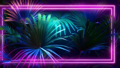 Wall Mural - a creative illustration of an exotic jungle with neon accents highlighting the lush foliage framed b