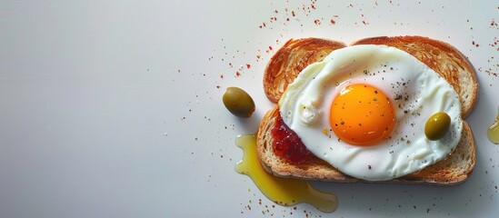Aufkleber - An enticing image of a fried egg on toast with a variety of spreads including olives and jam set against a plain background with ample space for text